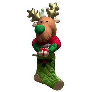 VINTAGE Christmas 24in Reindeer GreenRedGold Stocking Quilted Washable 100%Nylon